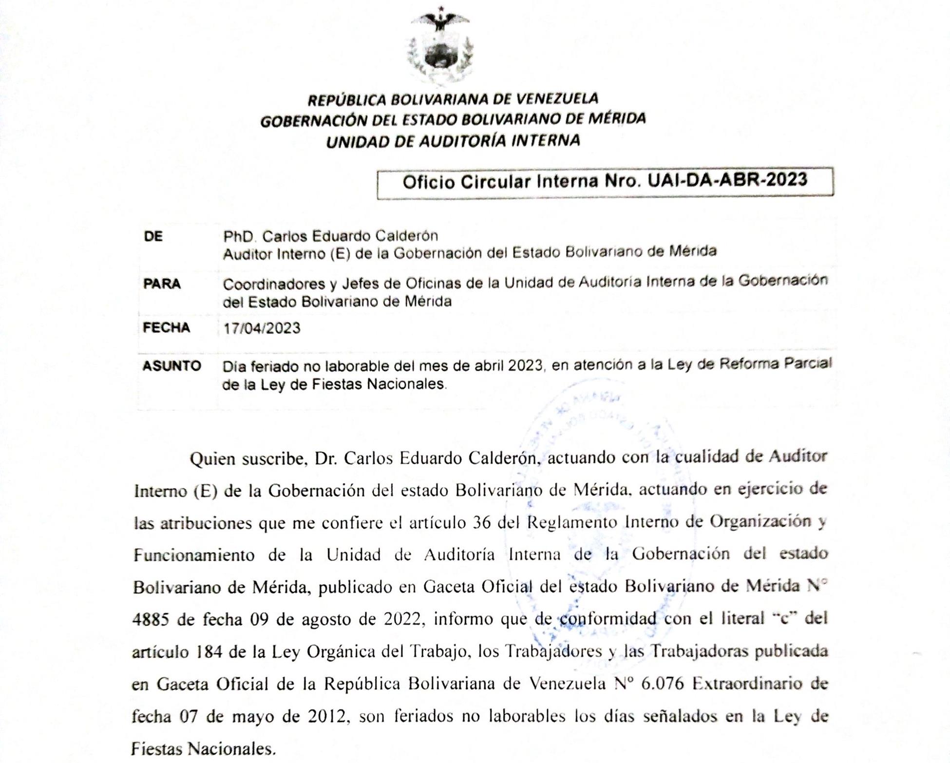 Imagen referencial a la publicacion de la CIRCULAR INTERNA Nro.UAI-DA-ABR-2023 de fecha 17 de Abril de 2023